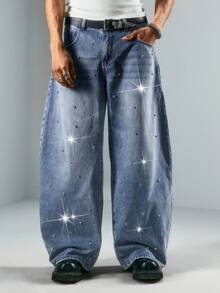 ROMWE MEN Street Life Quần jeans ống rộng nam, có túi, cài nút và đính đá, kiểu dáng thường ngày, đa năng. - Màu xanh nhạt - Xem 8