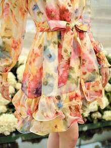 MOTF PREMIUM WOMEN'S ROMANTIC ELEGANT FLORAL PRINT LONG SLEEVE RUFFLE HEM MINI DRESS, SPRING/SUMMER - Multicolor - View 1