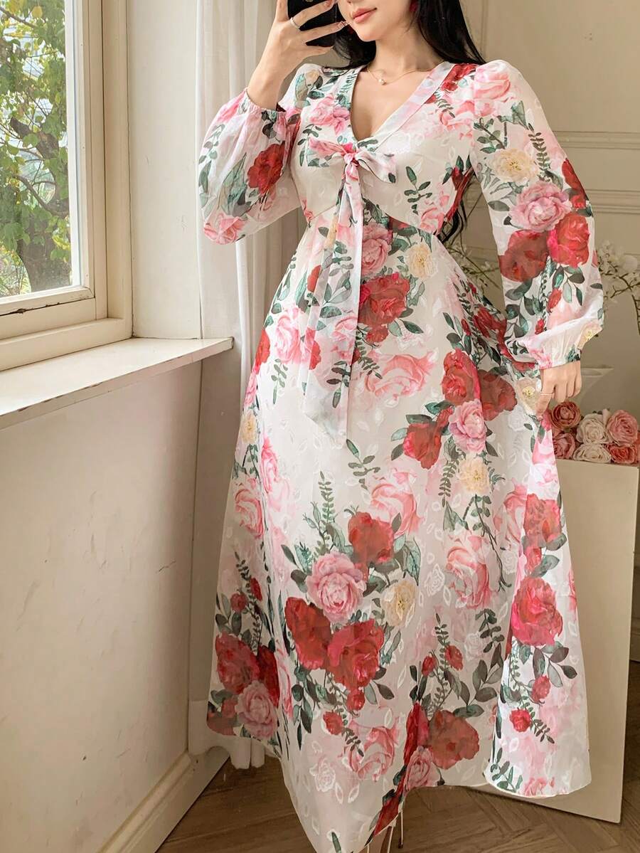 DAZY Women's Floral Print Front Knot Lantern Sleeve Elegant Dress - Beige - View 1