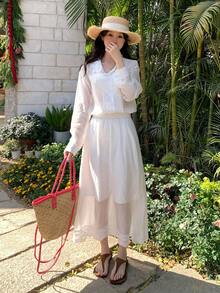 Women's Floral Embroidered Long Sleeve Shirt And Midi Skirt Casual 2-Piece Set Summer Lounge Sets For Women - White - View 4