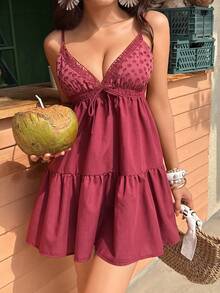 Sunnyshic Đầm ngắn nữ kiểu dáng thường ngày, đa năng, màu trơn, phối ren thêu, cổ chữ V, dây mảnh, thích hợp cho kỳ nghỉ, mùa xuân/hè. - Đỏ - Xem 8