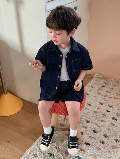 DAZY Toddler Boys' Turndown Collar Short Sleeve Washed Denim Top And Shorts 2 Pieces Casual Set