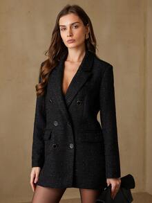 Aveloria Rosie 新款斜纹软呢双排扣宽松复古小众设计亮片斜纹软呢中长西装外套 - 黑色 - 查看 6