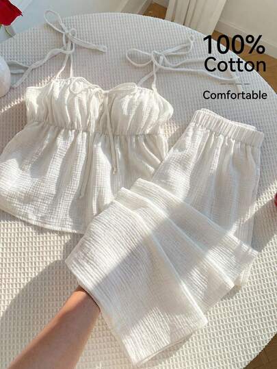 Comfortcana Plus Size 2 Pieces Set: Linen Ruffle Hem Camisole And Wide Leg Pants, Casual Vacation Style, Spring/Summer,Comfortable Pure Cotton Camisole And Trousers Two-Piece Set Cotton 2 Piece Set, Summer Outfits