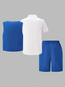 Tween Boy 3-Piece Set: Casual Pleated Shirt, Wrap Button Vest, And Elastic Waist Shorts, Suitable For Party, Commute, Daily Casual Wear, Wedding - Blue - View 4