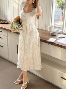 Livesso 夏季波点优雅派对沙滩婚礼及活动毕业典礼假日复活节翻领腰部花瓣袖度假中长连衣裙女式吊带裙 - 黑與白 - 查看 4