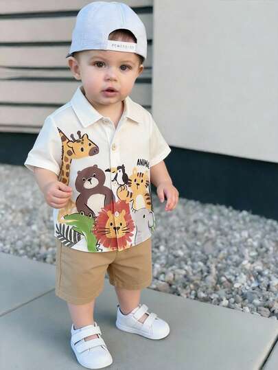 Bộ 2 món áo sơ mi và quần short dệt phối màu tương phản cho bé trai, kiểu dáng thường ngày.
