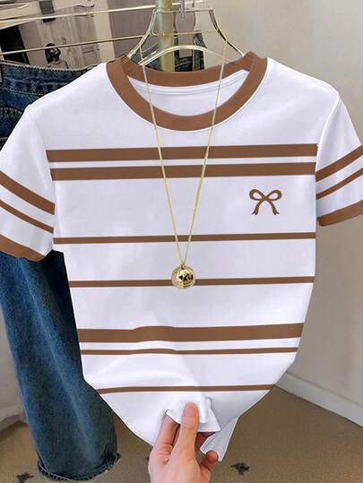Resyla Women's Casual Striped Bow Print Round Neck Short Sleeve T-Shirt, Summer