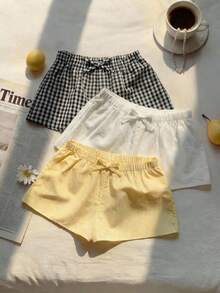 Quần short ống rộng dáng thường ngày cho bé gái tuổi teen, chất liệu vải dệt, họa tiết hình học, kẻ caro, kẻ sọc, màu trơn, đa năng, điểm nhấn nơ. - Nhiều màu - Xem 3