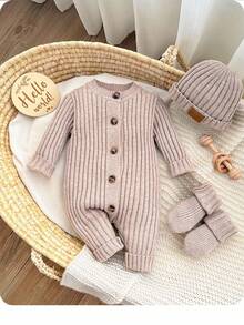 SHEIN Cozy Long Sleeve Newborn Button-Up Jumpsuit In Soft Striped Fabric Newborn Knit Outfit Boy Newborn Outfit Photoshoot Boy Neutral Newborn Baby Clothes Newborn Sweater Romper Newborn Knit Romper,In Fall/Winter - Camel - View 6