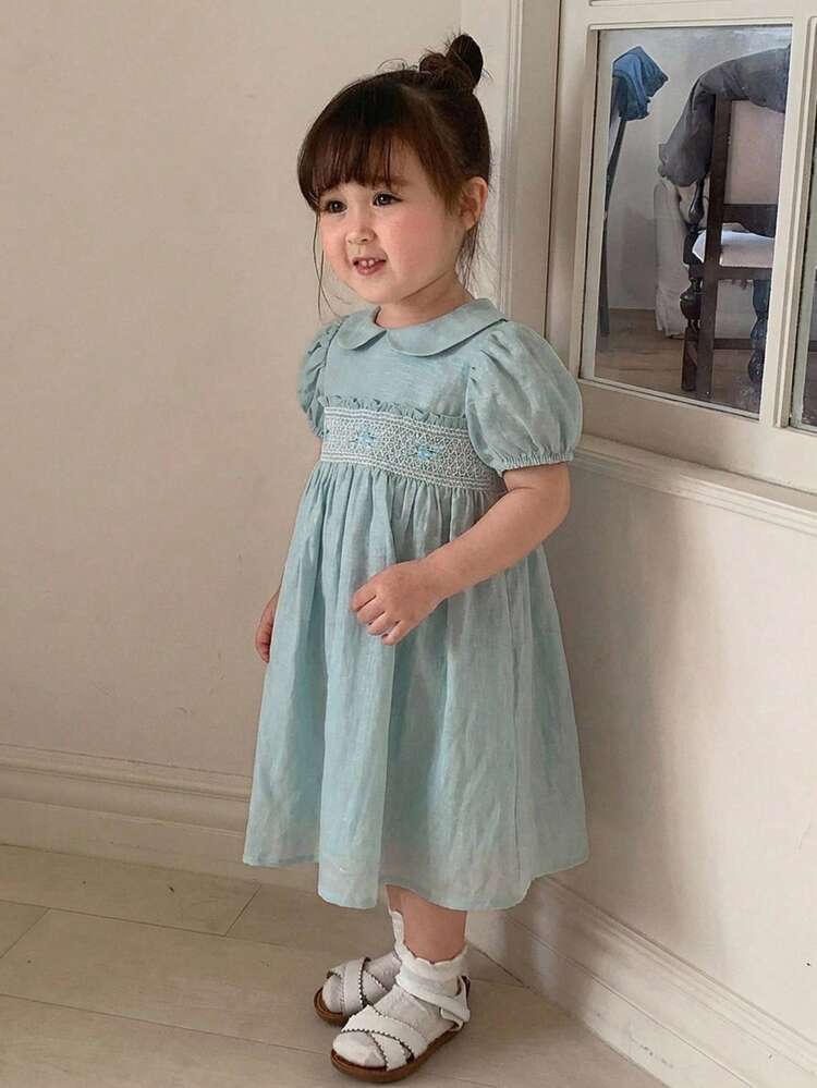 Baby Girl Sweet Peter Pan Collar Petal Sleeve Vacation Style Princess Party Dress, Summer Toddler Girls Clothes