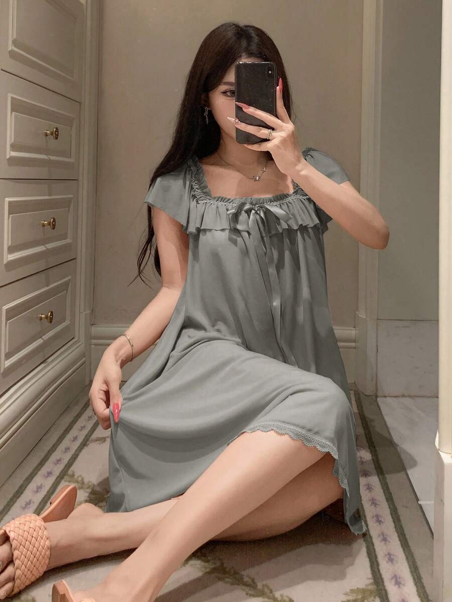 DAZY Vestido ligero de manga corta con volantes de malla, vestido casual de verano dulce para mujeres - Gris - Ver 1