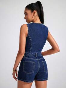 SHEIN Essnce 女式休闲纽扣口袋牛仔连体裤 - 深色水洗藍 - 查看 2