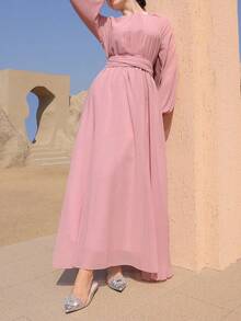 Graceveil 女士优雅长袖收腰喇叭形水钻饰边长连衣裙，粉色 - 粉色 - 查看 3