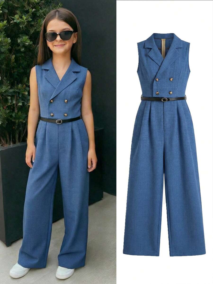 SHEIN Tween Girl Elegant Collared Sleeveless Jumpsuit, Comfortable & Minimalist Design - Royal Blue - View 1