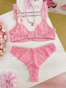 PetitDoll 2pcs Women's Sweet Cute Pink Princess Lace Print Bra Set, Elastic Comfortable Padded Bra & Panty Lingerie Set - Pink - View 10