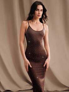 Anewsta Elegant Rhinestone Embellished Dress, Suitable For Daily Wear, Dates, Parties, Galas, Beach Holidays - Coffee Brown - View 6
