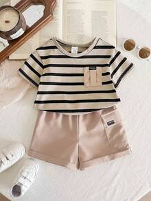 LMoss Kids 2pcs Baby Boy Knitted Striped Crew Neck T-Shirt And Woven Shorts Set - Multicolor - View 7