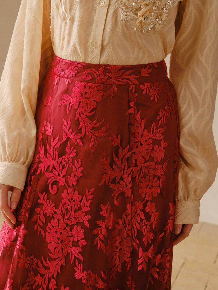 WOMEN'S RED EMBROIDERED ELASTIC WAIST FLARED SKIRT
