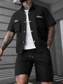 SLATEMANN Casual Shirt Set With Four-Button Design And Letter Print - Black - View 4