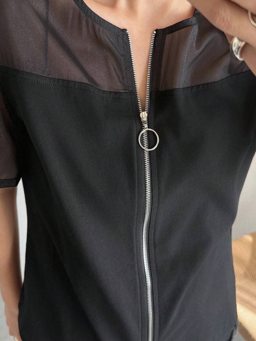 FRIFUL Women's Round Neck Button-Up Chiffon Patchwork Solid Color Blouse - Black - View 1