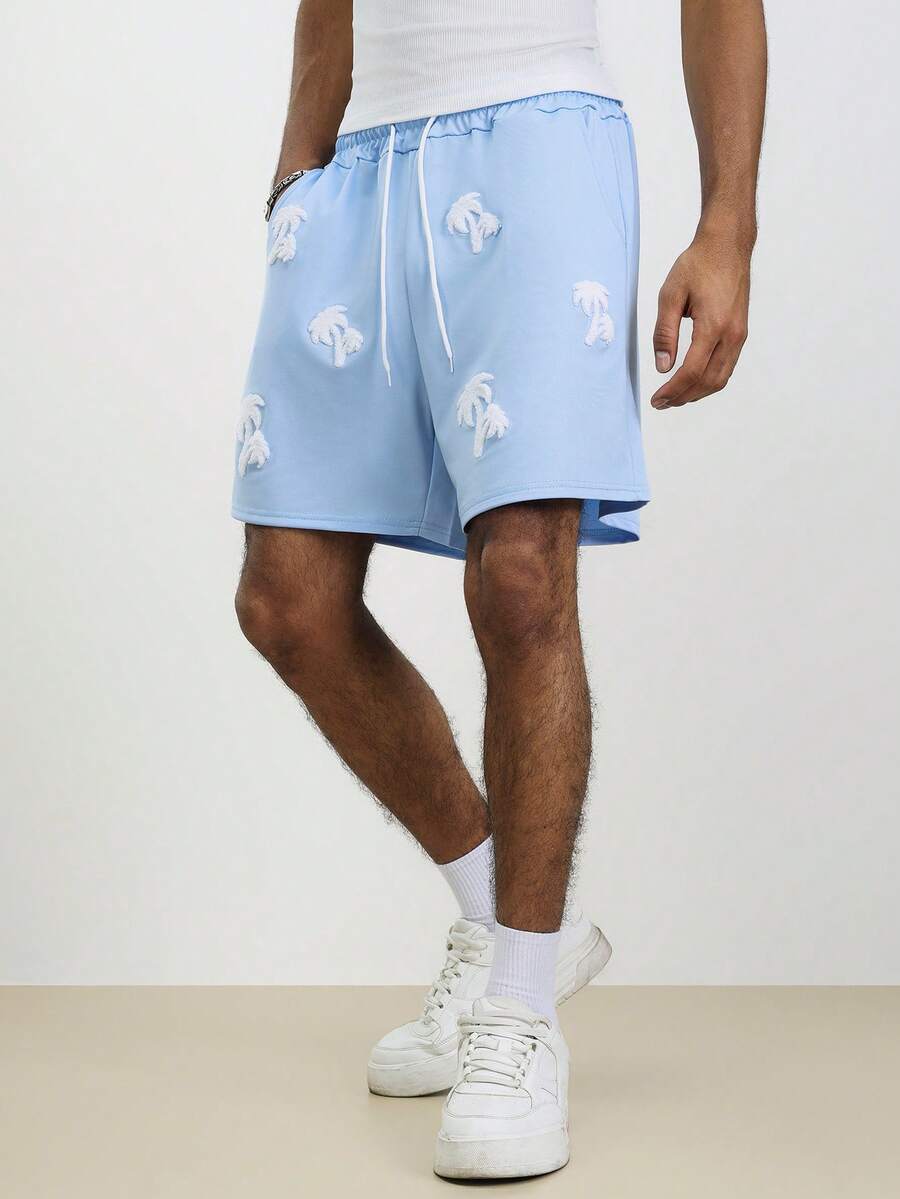 TOKVUE 男士休闲畅销椰子树3D刺绣毛巾，日常百搭，适合男友/老公礼物、周年纪念礼物，天蓝色短裤 - 藍色 - 查看 1