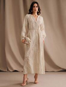 Anewsta Vestido de lino con cuello en V, cintura ceñida y bordado floral elegante para mujeres - Albaricoque - Ver 3