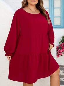 SHEIN CURVE+ Curve 加大码 US22 音乐节、海滨度假、波西米亚风 CURVE PLUS // 复古豹纹宽松圆领长袖连衣裙，适合秋冬季穿着 - 紅色 - 查看 4