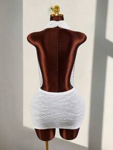 Amplova Women's Plunging Neckline Backless Sexy Bodycon Halter Mini Dress - Apricot - View 7