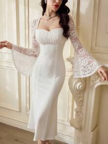 Vintamour Váy hoa trắng thanh lịch phong cách vintage cho nữ, phối ren patchwork, viền bèo nhún, dáng ôm bodycon, trang phục dự tiệc cưới, tiệc cưới, mùa hè, mùa xuân, kỳ nghỉ - trắng - Xem 2