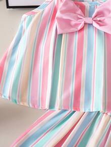 SHEIN Playful Pals Girls Colorful Striped Camisole Top With Pleated Design, Pink Bow Decor Shorts Set, Cute & Sweet For Daily Wear, Summer Summer Two Piece Set For Girls - Multicolor - View 9