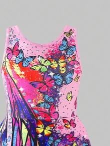 SHEIN 女童无袖印花体操服，舒适亲肤，贴身设计防止走光，适合艺术体操、学校舞蹈比赛等场合，四季皆宜，玫瑰红，圣诞节日图案，蝴蝶印花体操服 - 彩色 - 查看 4