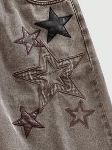 ROMWE MEN Men's Star Embroidery Slant Pocket Casual Versatile Denim Shorts - Brown - View 4