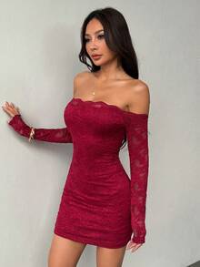 SHEIN PETITE Đầm ngắn tay dài trễ vai phối ren dành cho nữ, đầm hè, quần áo mùa xuân. - Đỏ - Xem 4