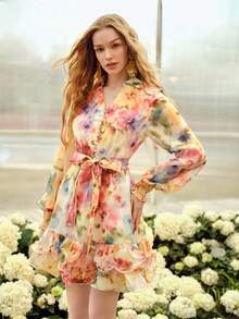 MOTF PREMIUM WOMEN'S ROMANTIC ELEGANT FLORAL PRINT LONG SLEEVE RUFFLE HEM MINI DRESS, SPRING/SUMMER - Multicolor - View 4