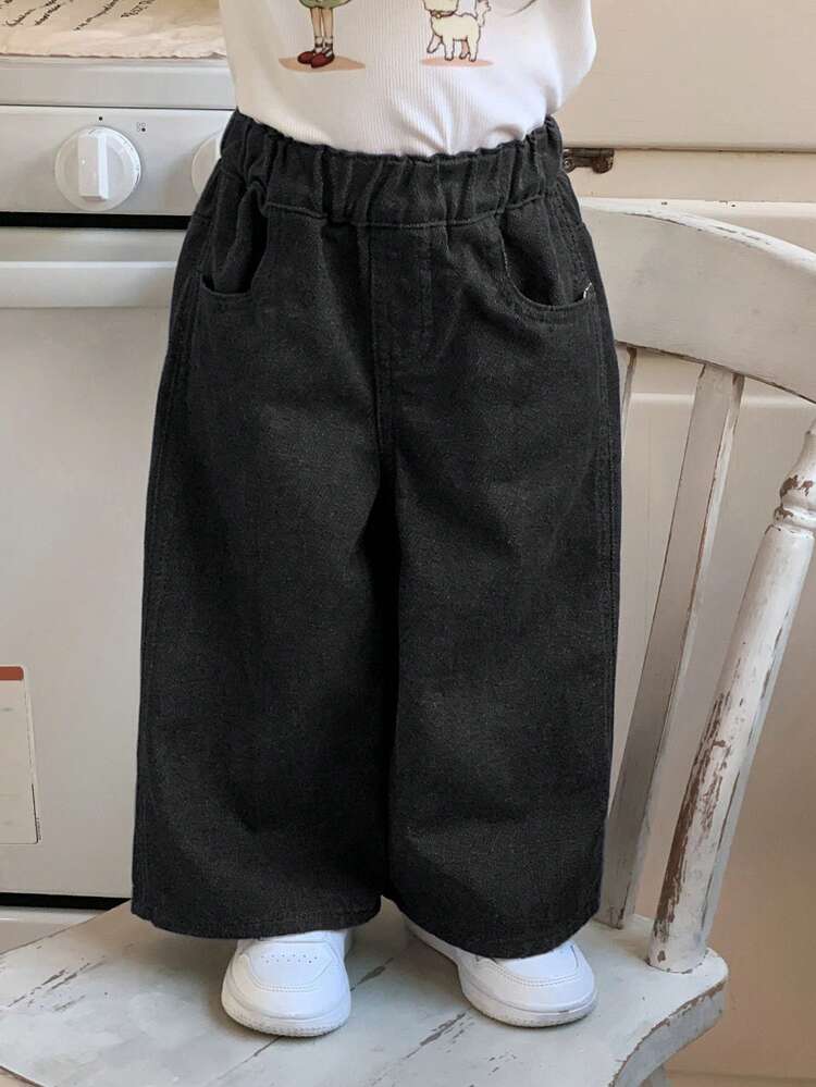 Toddler Girls' Washed Loose Wide-Leg Casual Korean Style Jeans