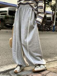 FRIFUL Women's Elastic Waist Contrast Lace Loose Casual Pants - Grey - View 6