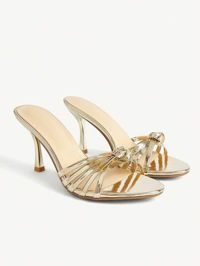 CUCCOO CHICEST Women's New Gold Knotted Thin Strap High Heels, Summer Thin Heel Open Toe Half Sandals Sexy Banquet Dress Shoes Wedding Shoes