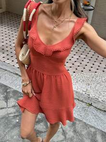 Serisse Women's Casual Ruffled Hem Mini Dress For Vacation,Lace Trim Design,French Ruffle Hem Dress, Sweet Ruffle Camisole,Red Dress,Mahogany Short Dress,High-Waisted Slimming A-Line Mini Skirt, Summer New Arrival,Summer Holiday Outfits,Summer Dresses For Women,Vacation Outfits For Women Women Sundress Summer Casual Sundress Vacation Dress Woman - Redwood - View 7
