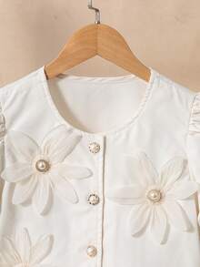 Tween Girls' Sweet Floral Applique Puff Sleeve Jacket And Pleated Mini Skirt Set, Casual Vacation & Daily Wear - Apricot - View 6