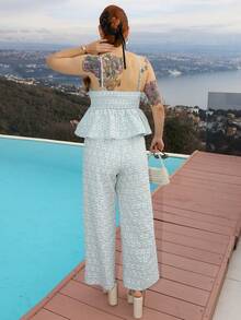 Gretanique 女式夏季提花荷叶边下摆吊带背心和裤子两件套 - 薄荷綠 - 查看 2