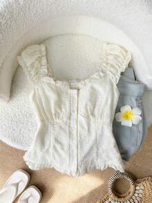 GlowEve Apricot Embroidered Frill Trim Button-Up Vacation Blouse For Women - Apricot - View 3