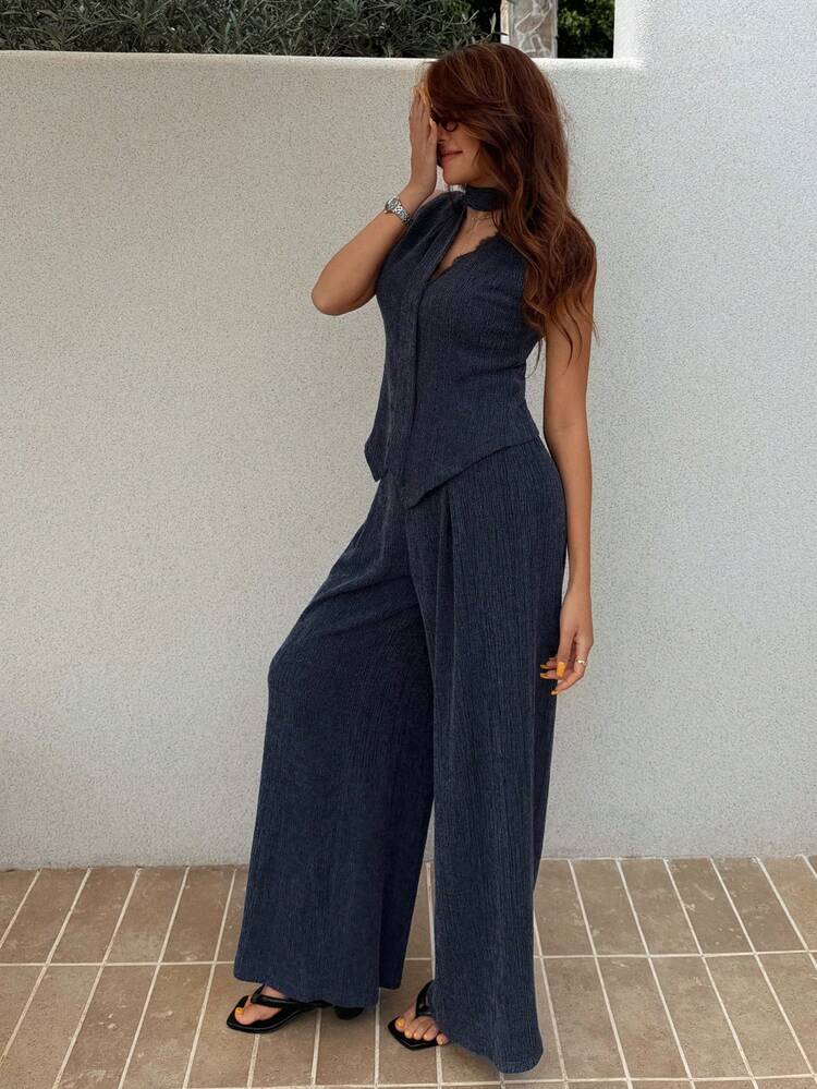 Women's Lace Vest & Wide Leg Pants 2 Pieces Set, Casual Fashion Summer New Arrival