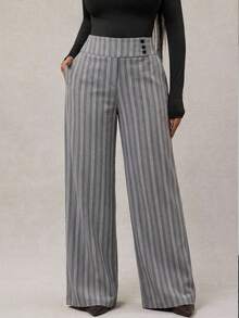 SHEIN SXY 女士条纹腰部纽扣设计直筒休闲裤 - 彩色 - 查看 5