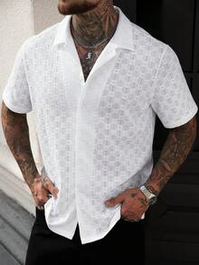 Manfinity CasualCool Áo sơ mi nam tay ngắn màu trắng, cổ áo dập nổi 3D, kiểu dáng thường ngày. - trắng - Xem 5