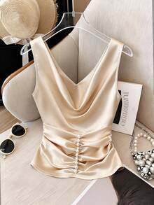 SHEIN Women's Tank Top, Apricot-Colored Solid Tank Top, Champagne-Colored Guest Attire, Sleeveless - Apricot - View 8