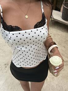 Aloruh Women's Sexy Black Lace Trim Collar Black & White Polka Dot Pattern Bodycon Camisole - Black and White - View 9