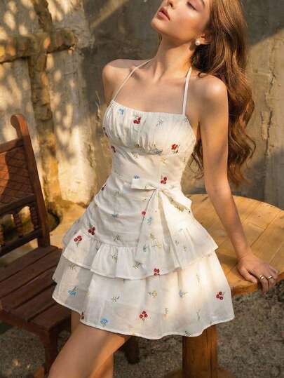SHEIN MOD Women's Summer Vacation Cherry Floral Embroidery Ruched Halter Mini Dress,Bust Layered Ruffle Hem Tie Waist,Valentine's Day,Party,Wedding,Holiday Outfits For Women, Romantic, Vintage Court Style,Date,Picnic, Party, Festival, And Birthday, Elegant Dresses, French Style Dress, Cottagecore Dress, French Style Dress, Spring/Summer Dress,Valentine's Day,Party,Wedding,Holiday Outfits For Women,Picnic Dress, Cherry Dress
