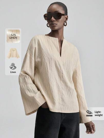 Ontre 2026SS Apricot Comfortable Soft Tencel Striped Fabric Loose Fit Drop Shoulder Long Sleeve Blouse, Elegant Wedding Guest Outfit, Minimalist Romantic French Chic Luxurious Urban Fashionable Business Casual Office Wear, Low-Key Vintage High-End Style, High-Quality Airport Cruise Outfit, Middle East Essential, Versatile For All Seasons, Wedding Series Women Top