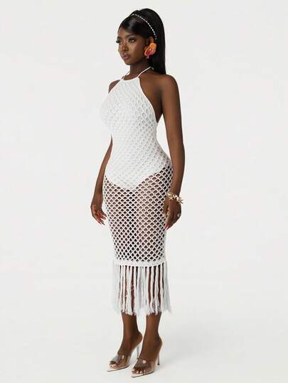 Amplova Vestido de suéter de verano con cuello de atar, espalda descubierta, dobladillo con flecos y tejido abierto sexy para vacaciones en la playa